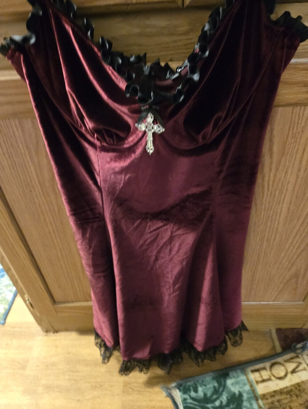 Burgundy  Velvet  Slip Dress with Black Trim